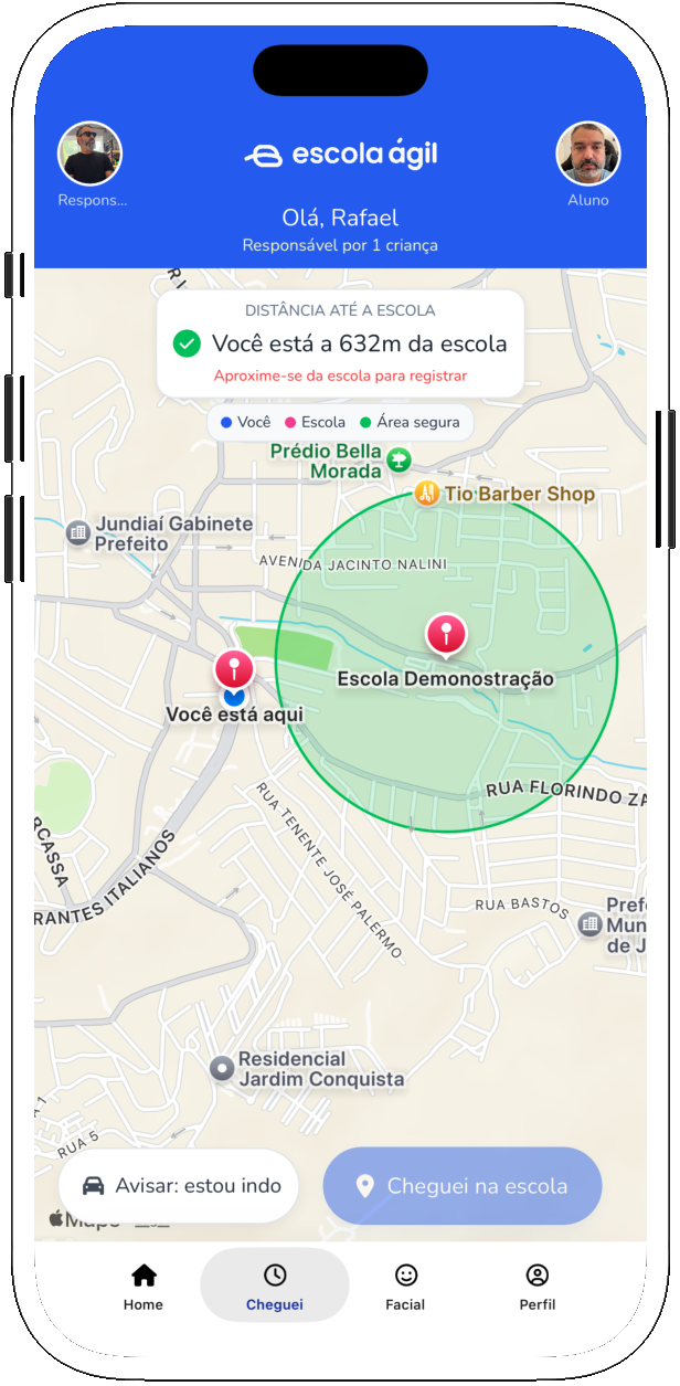 Tela Cheguei no aplicativo com mapa, distância da escola e botões para avisar a saída e a chegada