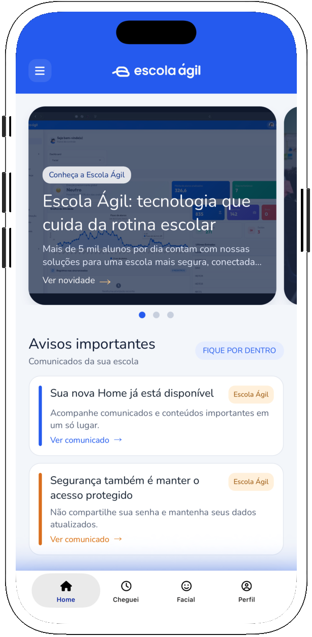 Tela inicial do aplicativo Escola Ágil com avisos e comunicados